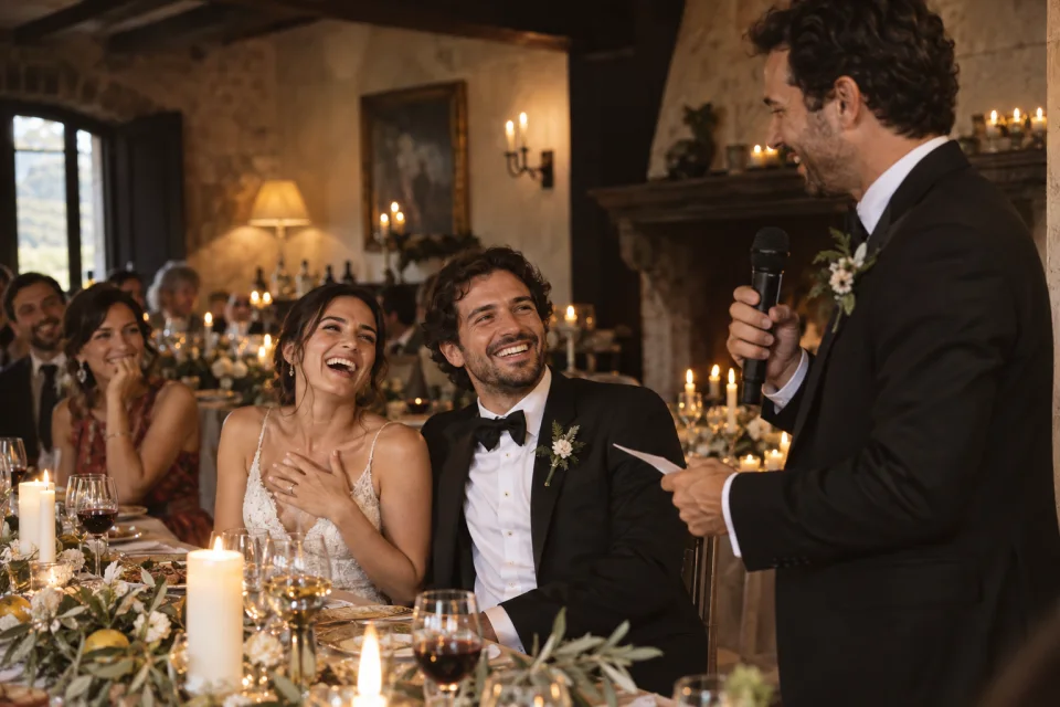Imagen ilustrativa generada: Una pareja escucha un brindis durante la cena