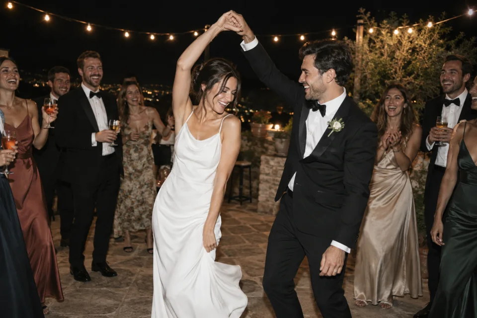 Imagen ilustrativa generada: Primer baile de una pareja en una terraza iluminada